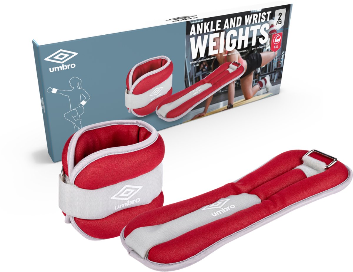 Umbro Handgelenk- und Knöchelgewichte – 2 Stück à 1000 g – verstellbar mit Klettverschluss – bequeme Passform – graurot