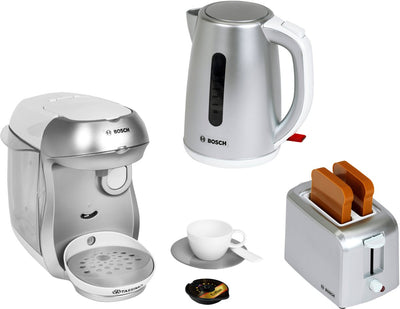 Klein Toys - Bosch Frühstücksset - inkl. Spielzeug-Toaster, Wasserkocher und Kaffeemaschine – Silber