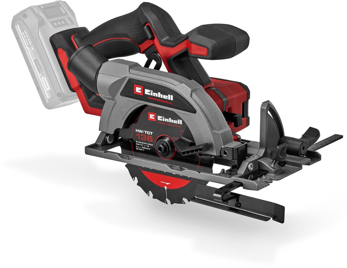 Einhell Profi-Akku-Kreissäge TP-CS 18 136-C LI BL Solo – Power X-Change – 18 V Li-Ion – Kompaktmodell – bürstenloser Motor – 4.000 t min – ø136 x 20 mm 16 t – max. Schnitttiefe: 90° 45°: 51 35 mm - exkl. Akku und Ladegerät