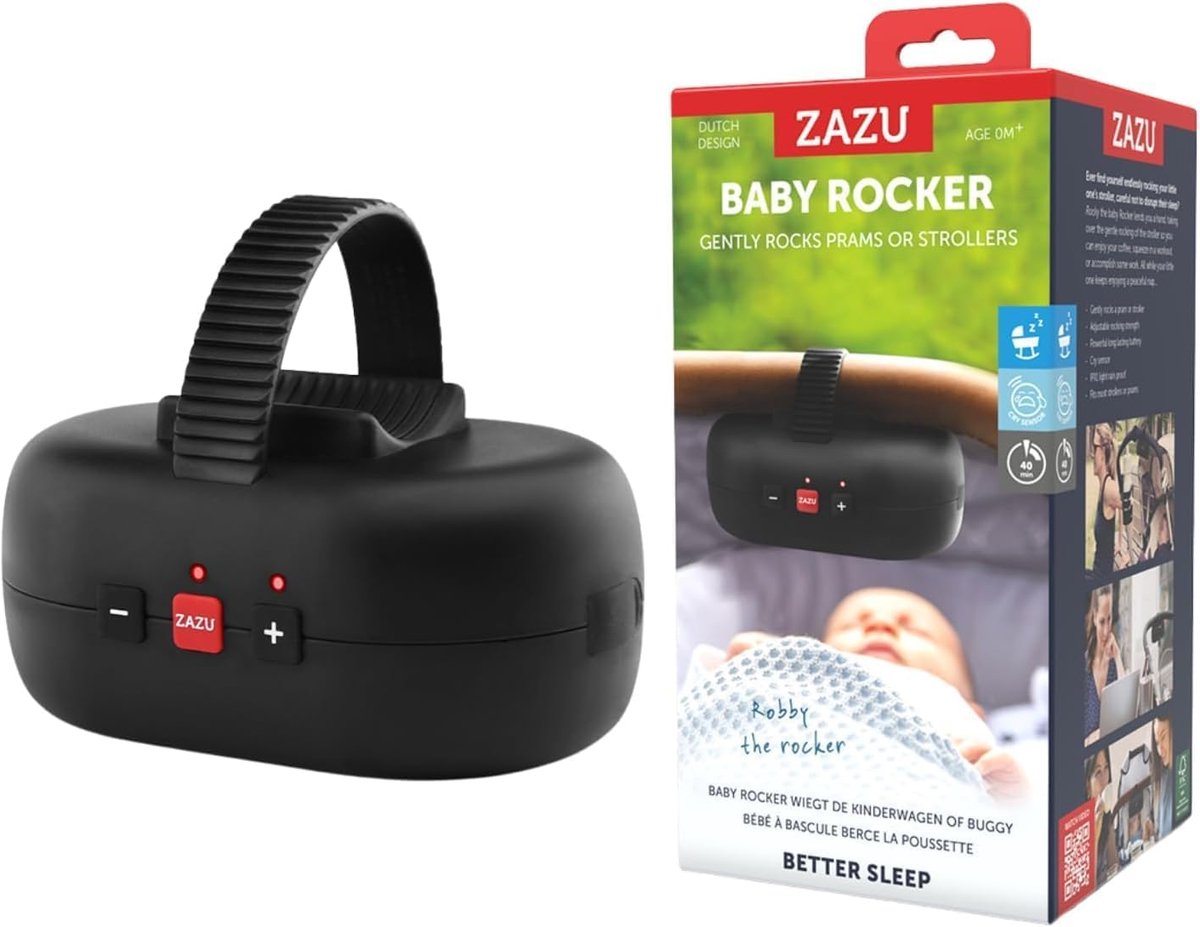 Zazu Robby the Rocker – Automatische Kinderwagenwippe mit Schreisensor – 5 Wipppositionen – USB-C wiederaufladbar – IPX1 spritzwassergeschützt – Schwarz