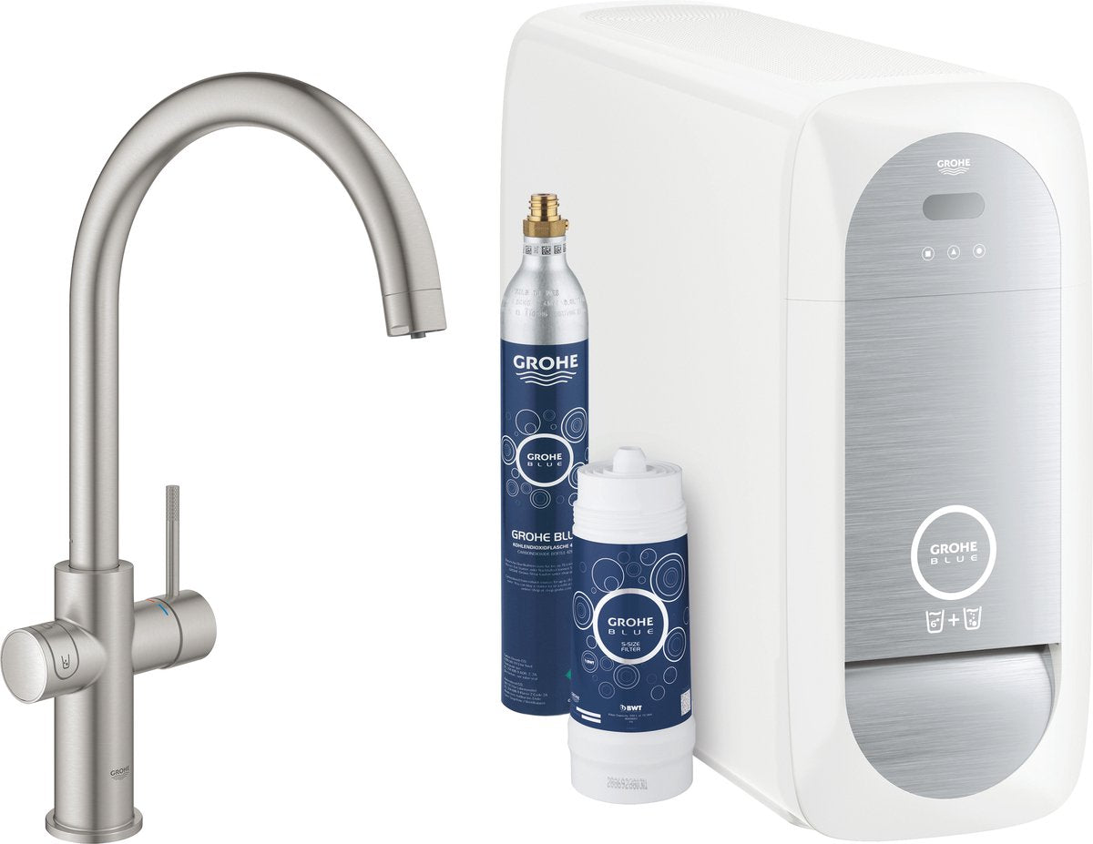 Grohe Blue Home Duo Küchenarmatur – mit Bluetooth und WLAN – Starter-Set – C-Auslauf – Edelstahl – für gereinigtes, gekühltes und sprudelndes Wasser