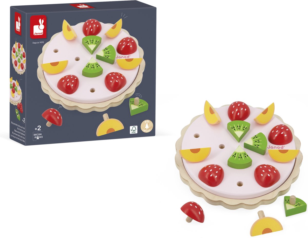 Janod – Mein erster Obstkuchen – Holzspielset mit Tortenboden und Obst – 15-teilig – geeignet ab 2 Jahren