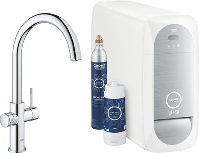 Grohe Blue Home Duo Küchenarmatur – mit Bluetooth und WLAN – Starter-Set – C-Auslauf – Chrom – für gereinigtes, gekühltes und sprudelndes Wasser
