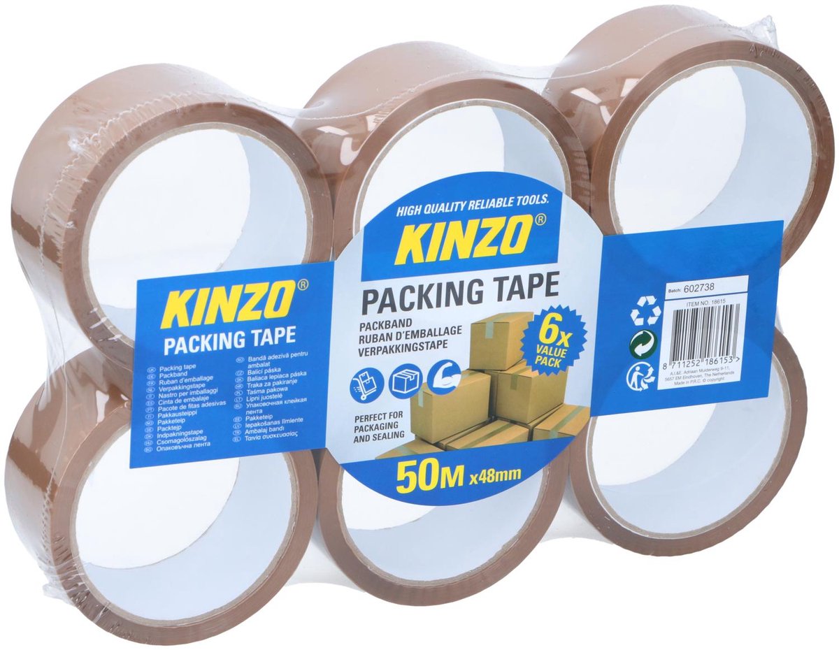 Kinzo Verpackungsband – 6 Rollen – 50 m x 48 mm – Verpackungsband für Kartons und Pakete