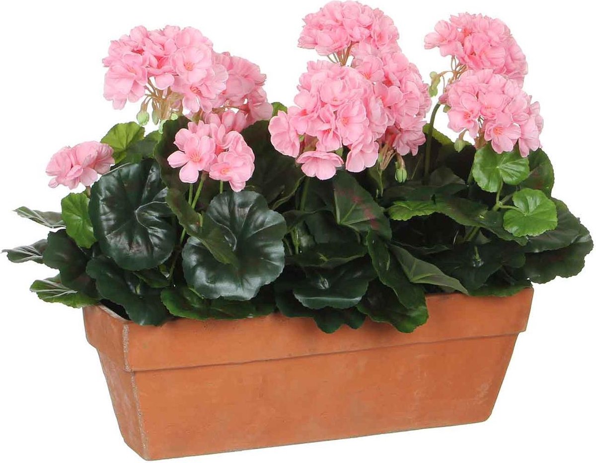 Glimmerdekorationen Kunstpflanze Geranie rosa - H 40cm - Sandzement Dekotopf -