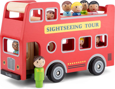 Woet® Stadtrundfahrtbus aus Holz – Doppeldeckerbus mit Fahrer und 8 Passagieren – Spielzeugfahrzeug mit Figuren – Rollenspielspielzeug – ab 18 Monaten