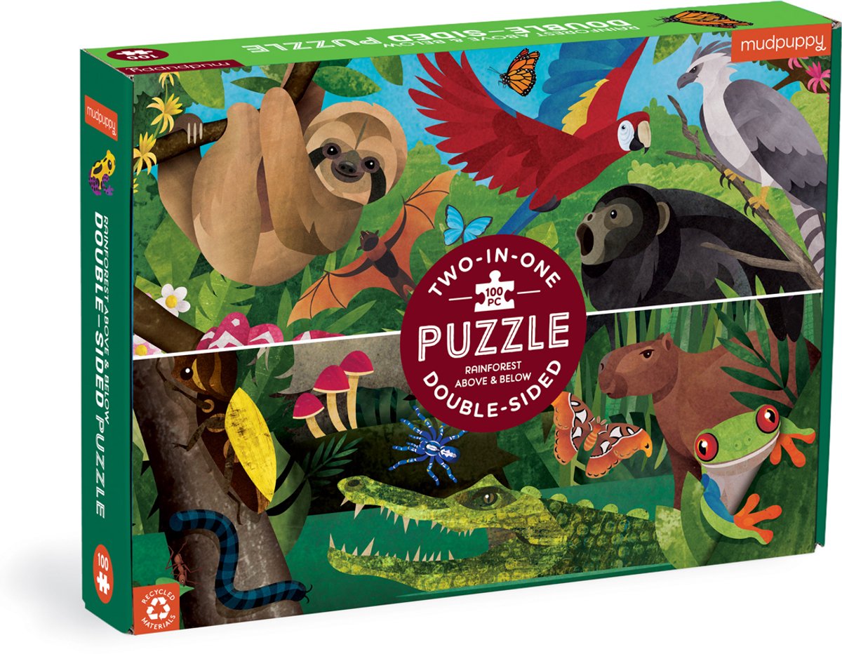 Doppelseitiges Mudpuppy-Puzzle – Regenwald von oben und unten – 55 x 42 cm – 100 Teile – 6 Jahre
