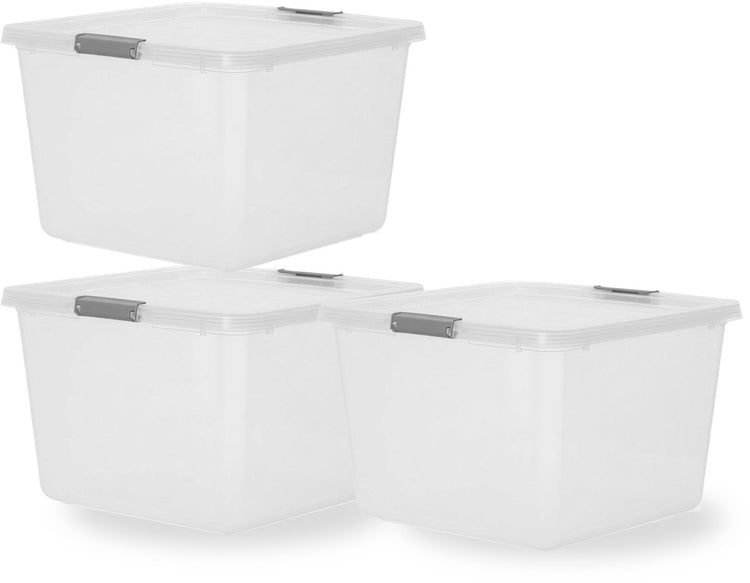 Iris storage Aufbewahrungsbox mit Clips – 32l – geräumig – stapelbar – Kunststoff – transparent grau – 3er-Set