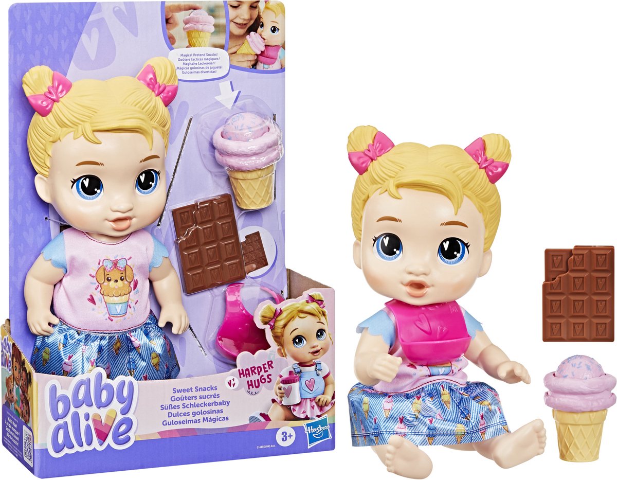 Baby Alive Sweet Snacks Harper Hugs, Puppe mit Fütterungszubehör – blondes Haar – 28 cm