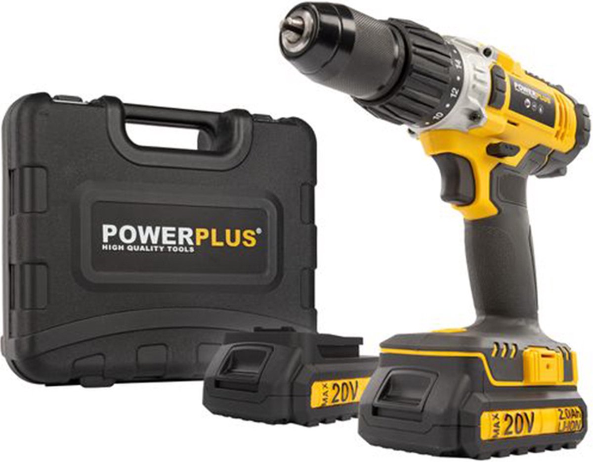 Powerplus powx00445 Akku-Schlagbohrschrauber – 20 V – inkl. Akku 2 x 2,0-Ah-Akku und Ladegerät – variable Geschwindigkeit – schlüsselloses Bohrfutter aus Metall – Bohrer für Beton, Holz und Stahl