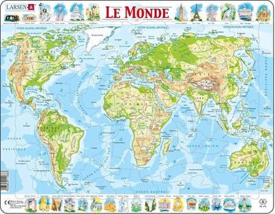 Larsen Carte Topographique du Monde – Puzzle – Monde – Geographie Physique – Puzzle éducatif pour enfants – 80 Teile – Hergestellt in Norwegen – Teile extra épaisses de 2,5 mm – Plateau mit fester Platte