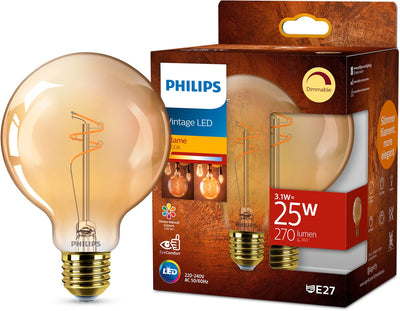 Philips LED-Globusspirale gold – 25 W – E27 – dimmbares extra warmweißes Licht