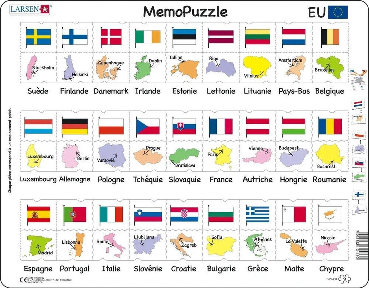 Larsen Drapeaux et Capitales de l'Union Européenne – Puzzle-Mémo – Union Européenne – Drapeaux et Capitales – pädagogisches Puzzle für Kinder – 54 Teile – hergestellt in Norwegen – Teile mit 2,5 mm extra Breite – Plateau mit festem Rand