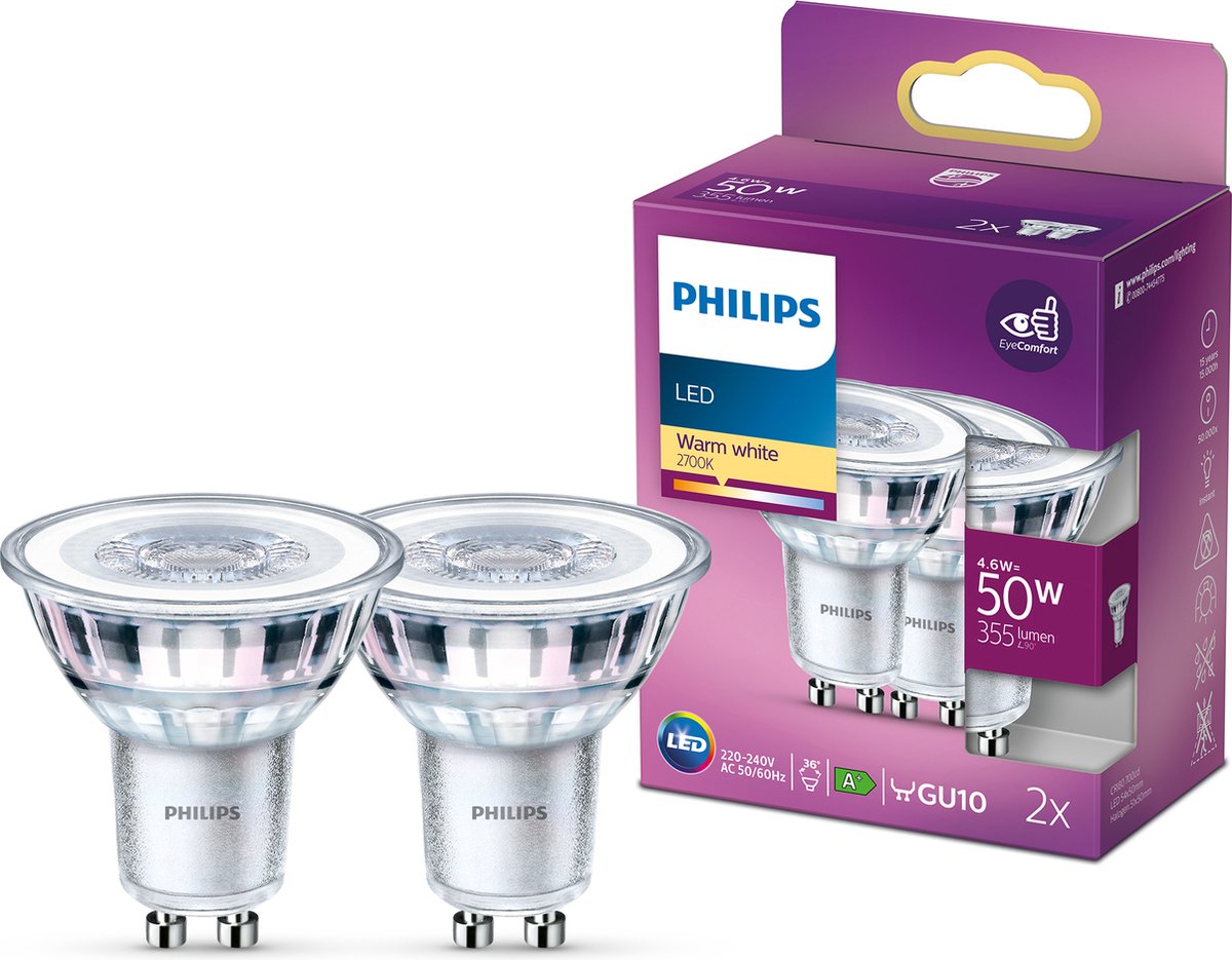 Philips LED-Energiesparspot – 50 W – GU10 – warmweißes Licht – 2 Stück – Energiekosten sparen