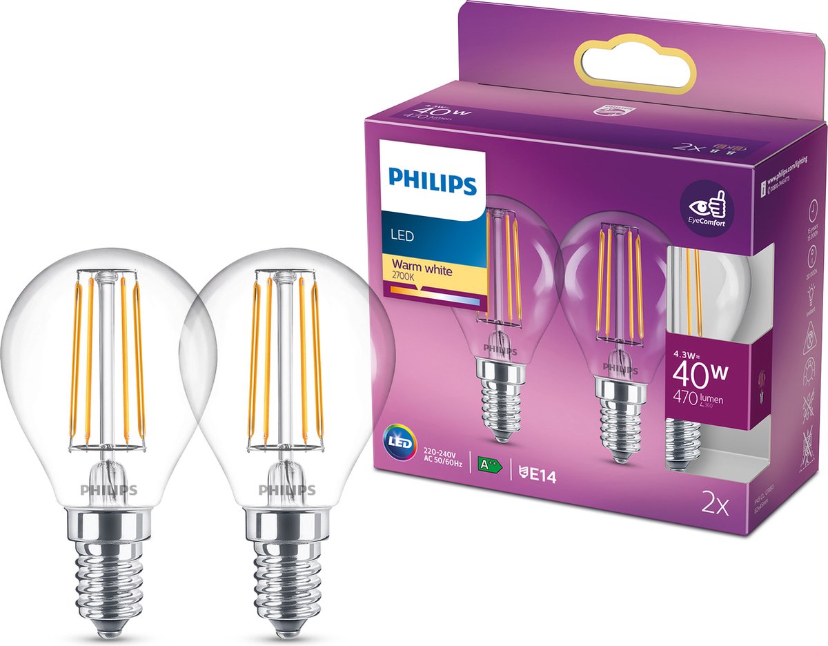 Philips LED-Lampe – Kugellampe mit E14-Fassung – warmweißes Licht: 2700 K – 40 W – klares Glas – 2er-Pack