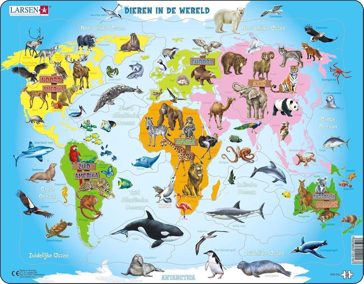 Larsen Tiere in der Welt – Puzzle – Karten Geographie – Welt mit Tieren – Lernpuzzle für Kinder – 28 Teile – hergestellt in Norwegen – extra dicke 2,5 mm Teile – Tablett mit festem Rand