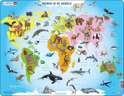 Larsen Tiere in der Welt – Puzzle – Karten Geographie – Welt mit Tieren – Lernpuzzle für Kinder – 28 Teile – hergestellt in Norwegen – extra dicke 2,5 mm Teile – Tablett mit festem Rand