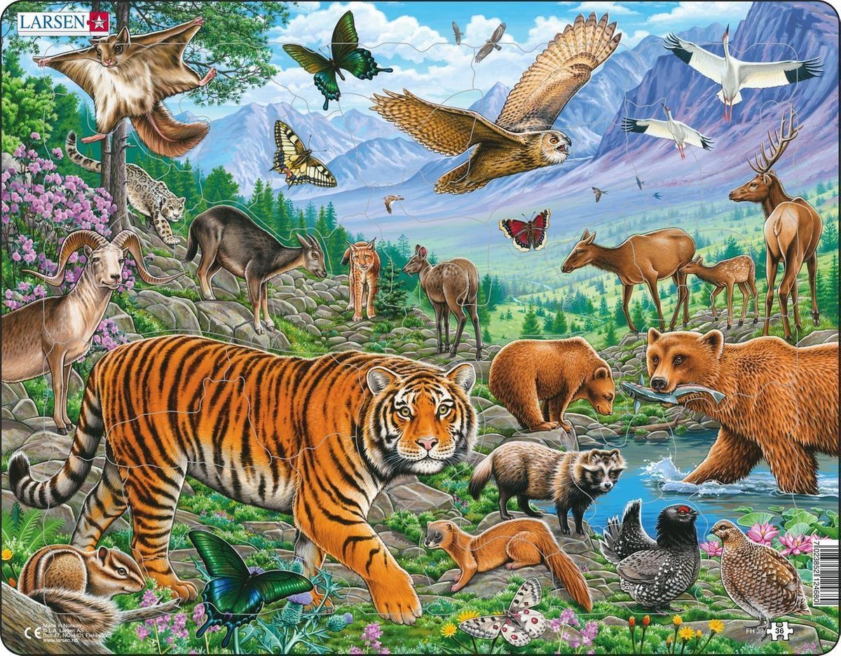 Larsen Wildtiere im sibirischen Sommer – Puzzle – Tiere – Wildtiere – Lernpuzzle für Kinder – 36 Teile – hergestellt in Norwegen – extra dicke 2,5 mm Teile – Tablett mit festem Rand