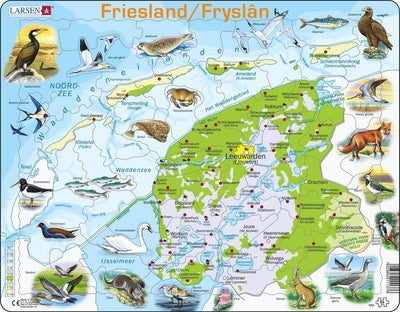 Larsen Friesland Geografisch mit Tieren – Puzzle – Karten Geographie – Niederlande – Lernpuzzle für Kinder – 64 Teile – Hergestellt in Norwegen – Extra dicke 2,5 mm Teile – Tablett mit festem Rand
