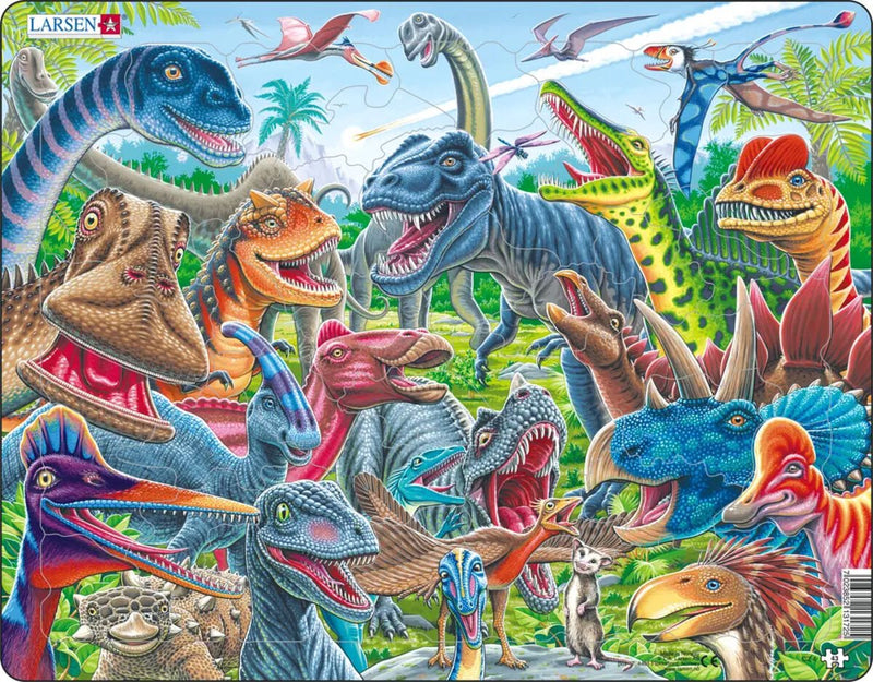 Larsen glückliche Dinosaurier – Puzzle – Tiere – Vorgeschichte – Lernpuzzle für Kinder – 43 Teile – hergestellt in Norwegen – extra dicke 2,5 mm Teile – Tablett mit festem Rand