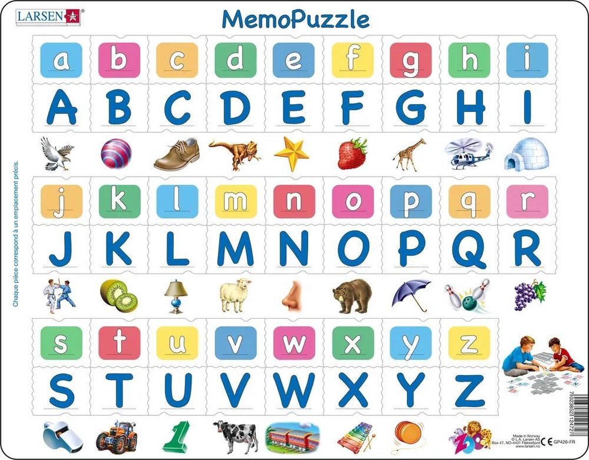 Larsen Alphabet Majuskeln und Minuskeln – Puzzle-Notiz – Alphabet – Majuskeln und Minuskeln – pädagogisches Puzzle für Kinder – 52 Teile – in Norwegen hergestellt – 2,5 mm dicke Teile – Plateau mit festem Rand