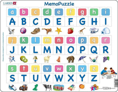 Larsen Alphabet Majuskeln und Minuskeln – Puzzle-Notiz – Alphabet – Majuskeln und Minuskeln – pädagogisches Puzzle für Kinder – 52 Teile – in Norwegen hergestellt – 2,5 mm dicke Teile – Plateau mit festem Rand
