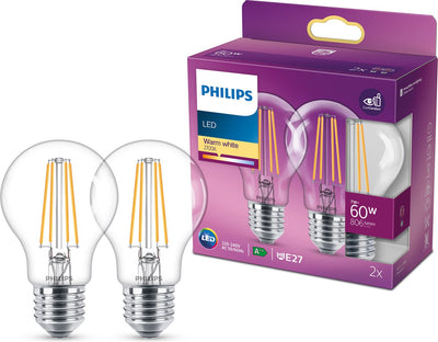 Philips LED-Lampe – Standardlampenform mit E27-Fassung – warmweißes Licht: 2700 K – 60 W – klares Glas – 2er-Pack