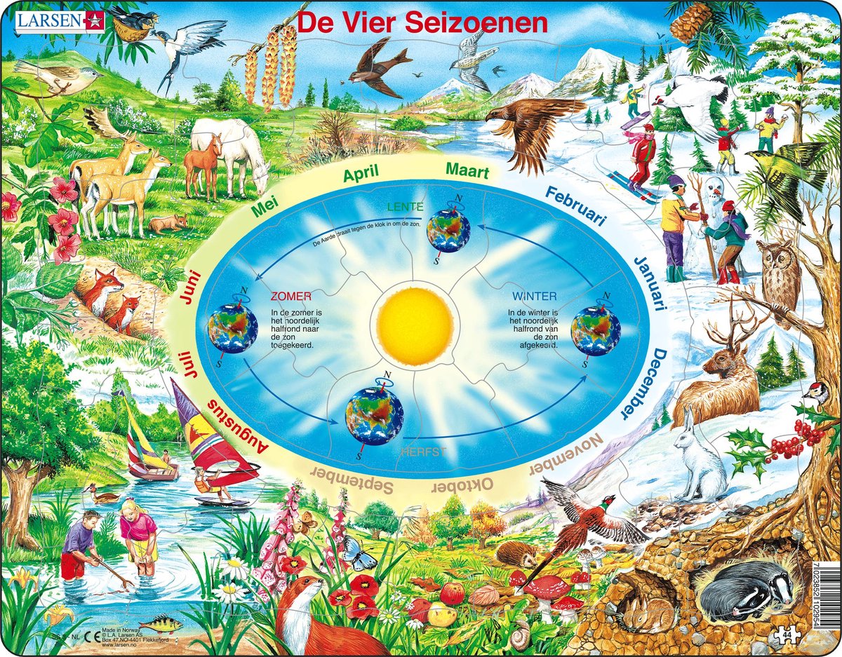 Larsen die Jahreszeiten – Puzzle – Weltraumwissenschaft – Jahreszeiten – Lernpuzzle für Kinder – 44 Teile – hergestellt in Norwegen – extra dicke 2,5 mm Teile – Tablett mit festem Rand