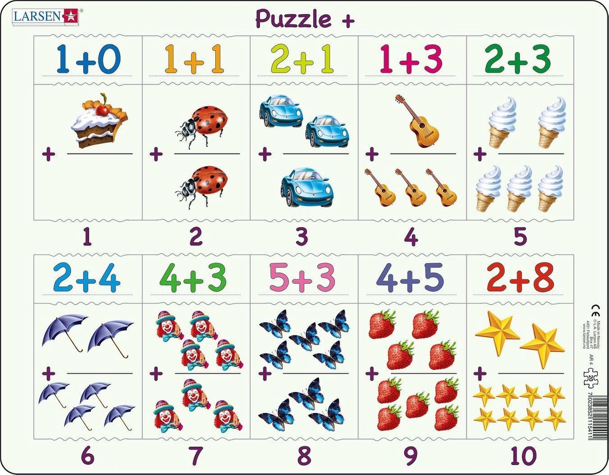Larsen Addition bis 10 mit Bildern – Puzzle – Zählen lernen – Addition – Lernpuzzle für Kinder – 20 Teile – hergestellt in Norwegen – extra dicke 2,5 mm Teile – Tablett mit festem Rand