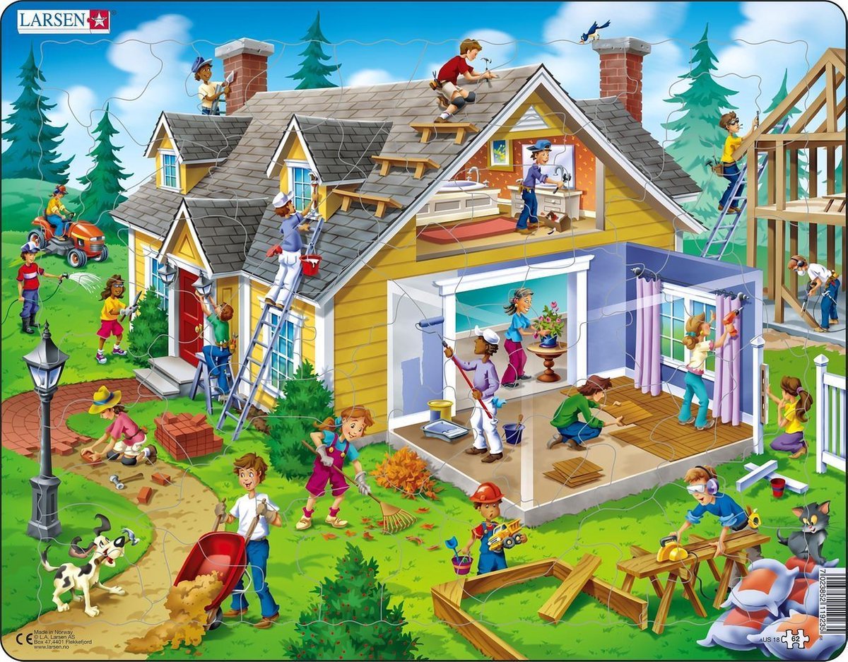 Larsen DIY zu Hause und im Garten – Puzzle – Bildung – Berufe und Leben – Lernpuzzle für Kinder – 62 Teile – hergestellt in Norwegen – extra dicke 2,5 mm Teile – Tablett mit festem Rand