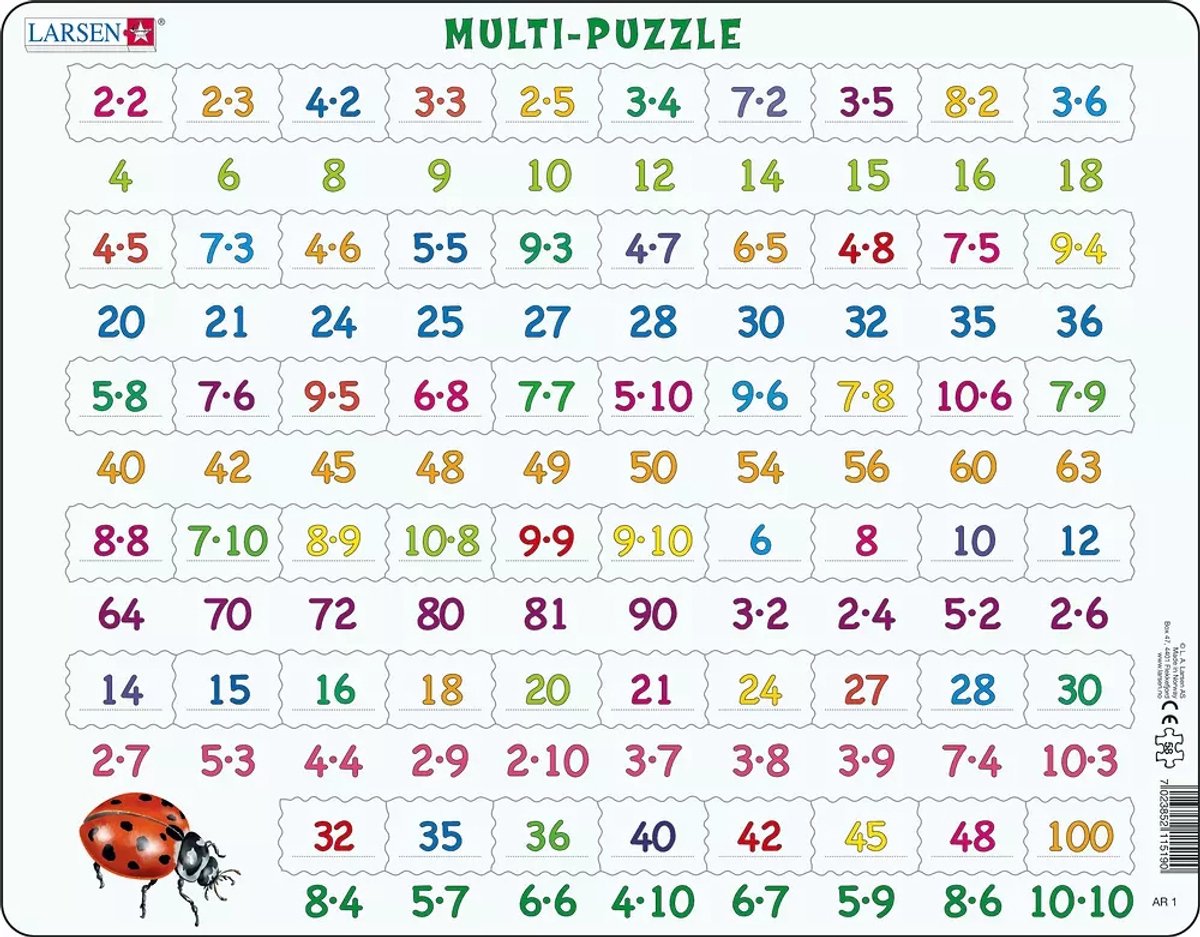 Larsen Multiplikation – Puzzle – Zählen lernen – Multiplikation – Lernpuzzle für Kinder – 58 Teile – hergestellt in Norwegen – extra dicke 2,5 mm Teile – Tablett mit festem Rand