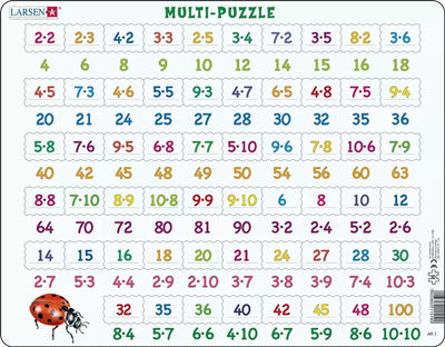 Larsen Multiplikation – Puzzle – Zählen lernen – Multiplikation – Lernpuzzle für Kinder – 58 Teile – hergestellt in Norwegen – extra dicke 2,5 mm Teile – Tablett mit festem Rand
