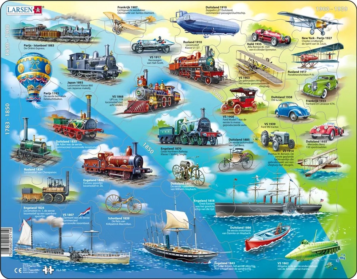 Larsen historische Fahrzeuge – Puzzle – Fahrzeugtechnik – historische Fahrzeuge – Lernpuzzle für Kinder – 54 Teile – hergestellt in Norwegen – extra dicke 2,5 mm Teile – Tablett mit festem Rand