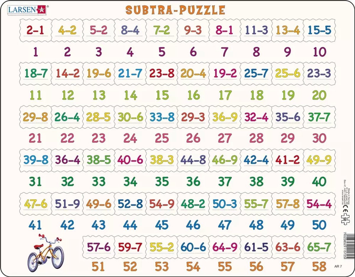 Larsen Subtraktion mit Bildern – Puzzle – Zählen lernen – Subtraktion – Lernpuzzle für Kinder – 58 Teile – hergestellt in Norwegen – extra dicke 2,5 mm Teile – Tablett mit festem Rand