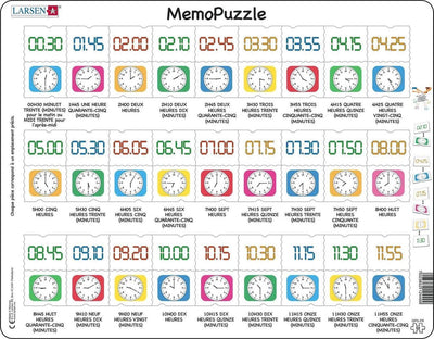 Larsen apprendre l'heure – Puzzle-Mémo – Uhr – Lecture de l’heure – Puzzle éducatif pour enfants – 54 Teile – in Norwegen hergestellt – extra 2,5 mm dicke Teile – Plateau mit festem Rand
