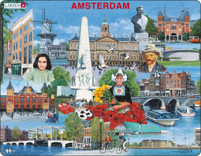 Touristische Highlights von Larsen Amsterdam – Puzzle – Karten Geographie – Niederlande – Lernpuzzle für Kinder – 66 Teile – Hergestellt in Norwegen – Extra dicke 2,5-mm-Teile – Tablett mit festem Rand