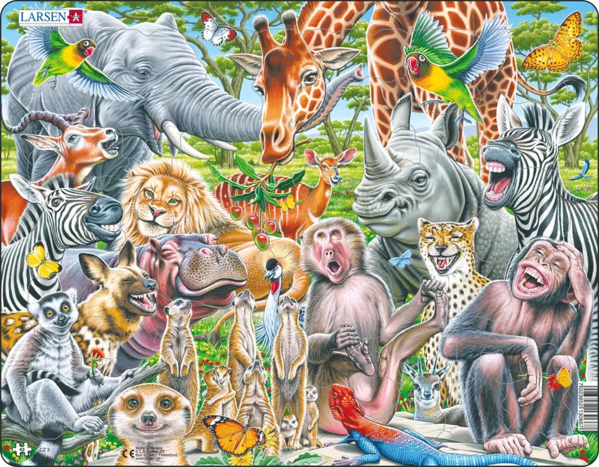 Larsen fröhliche afrikanische Tiere – Puzzle – Tiere – Afrika – Lernpuzzle für Kinder – 43 Teile – hergestellt in Norwegen – extra dicke 2,5 mm Teile – Tablett mit festem Rand