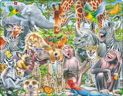 Larsen fröhliche afrikanische Tiere – Puzzle – Tiere – Afrika – Lernpuzzle für Kinder – 43 Teile – hergestellt in Norwegen – extra dicke 2,5 mm Teile – Tablett mit festem Rand