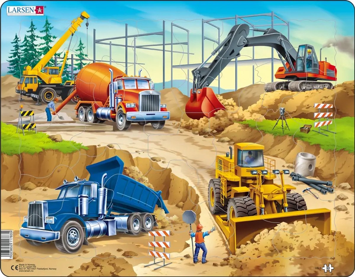 Larsen die Baustelle – Puzzle – Fahrzeugtechnik – Baustelle – Lernpuzzle für Kinder – 30 Teile – hergestellt in Norwegen – extra dicke 2,5 mm Teile – Tablett mit festem Rand