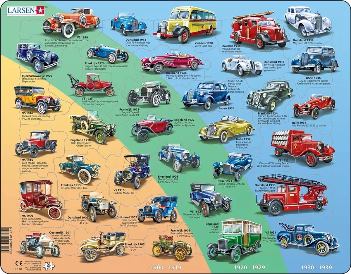Larsen historische Autos – Puzzle – Fahrzeugtechnik – Autos – Lernpuzzle für Kinder – 42 Teile – hergestellt in Norwegen – extra dicke 2,5 mm Teile – Tablett mit festem Rand