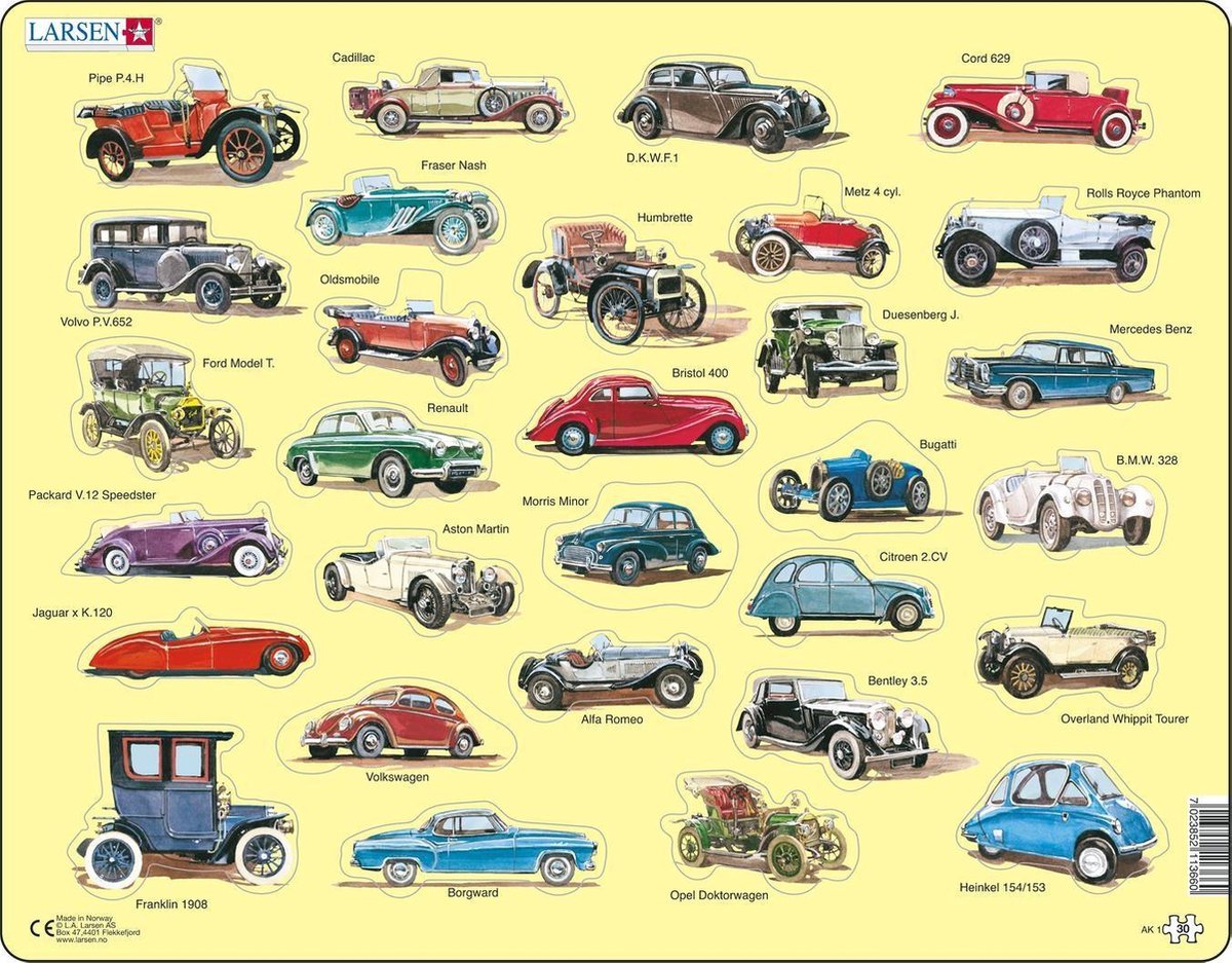 Larsen Oldtimer-Autos – Puzzle – Fahrzeugtechnik – Oldtimer – Lernpuzzle für Kinder – 30 Teile – hergestellt in Norwegen – extra dicke 2,5 mm Teile – Tablett mit festem Rand