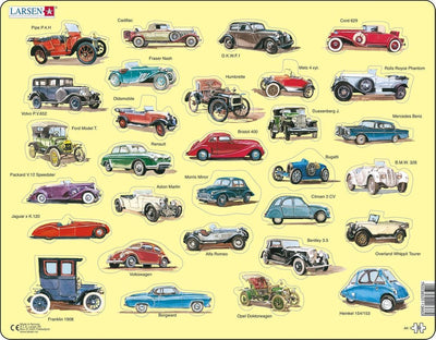 Larsen Oldtimer-Autos – Puzzle – Fahrzeugtechnik – Oldtimer – Lernpuzzle für Kinder – 30 Teile – hergestellt in Norwegen – extra dicke 2,5 mm Teile – Tablett mit festem Rand