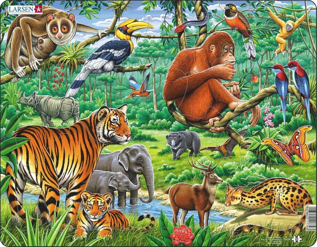 Larsen im Dschungel – Puzzle – Tiere – Dschungel – Lernpuzzle für Kinder – 20 Teile – hergestellt in Norwegen – extra dicke 2,5 mm Teile – Tablett mit festem Rand