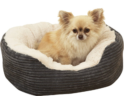 Rosenholzhundkorb Oval Jumbo Cord Plüsch grauer Creme