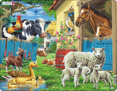 Larsen Bauernhoftiere – Puzzle – Tiere – Bauernhof – Lernpuzzle für Kinder – 23 Teile – hergestellt in Norwegen – extra dicke 2,5 mm Teile – Tablett mit festem Rand
