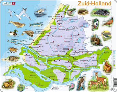 Larsen Südholland mit Tieren – Puzzle – Geographiekarten – Niederlande – Lernpuzzle für Kinder – 62 Teile – hergestellt in Norwegen – extra dicke 2,5 mm Teile – Tablett mit festem Rand