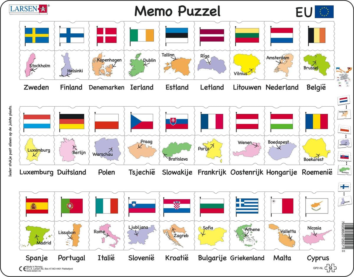 Larsen-Namen, Flaggen und Hauptstädte von 27 EU-Mitgliedstaaten – Puzzle – geografische Karten – Europäische Union – Lernpuzzle für Kinder – 54 Teile – hergestellt in Norwegen – extra dicke 2,5 mm Teile – Tablett mit festem Rand