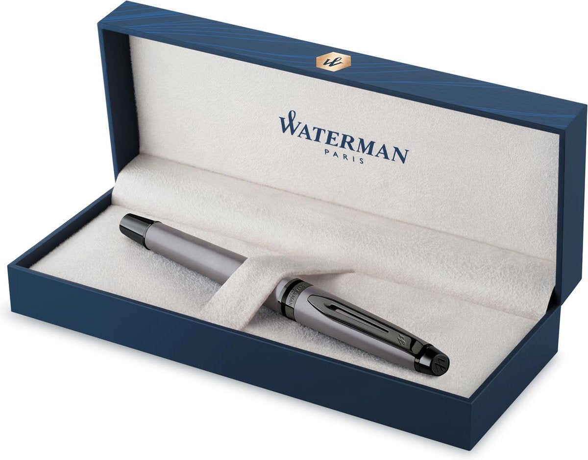 Waterman Expert Tintenroller | metallische Silberfarbe mit Rutheniumdetails | feiner Punkt | schwarze Tinte | with gift packaging