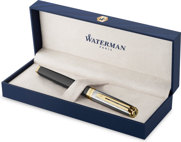 Waterman Ausnahmefüllfederhalter | Metall und schwarzer Lack mit Golddetails und gemeißelter Kappe | Mittlere Feder aus 18 Karat Gold | mit Geschenkbox