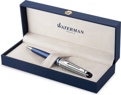 Waterman Expert Deluxe Kugelschreiber | metallblaue Lackierung mit palladiumbeschichteten Details | mittlere Spitze mit blauer Tinte | Geschenkverpackung